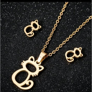 Cat And Butterfly Gold Plated Stainless Steel Pendant Necklace Earrings Set